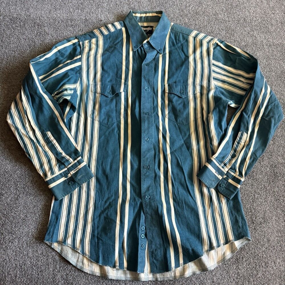Vintage Wrangler Brushpopper Striped Shirt Men’s 15.5 M Aqua Western Cowboy Cut